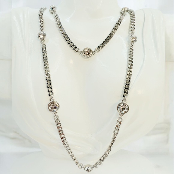 Givenchy Long Necklace Station Rhinestone Crystal Silver Chain. NWOT - Picture 4 of 7